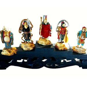 Five Lucky Japanese God Figurines Stand Arts Health Youth Warriors Fishing